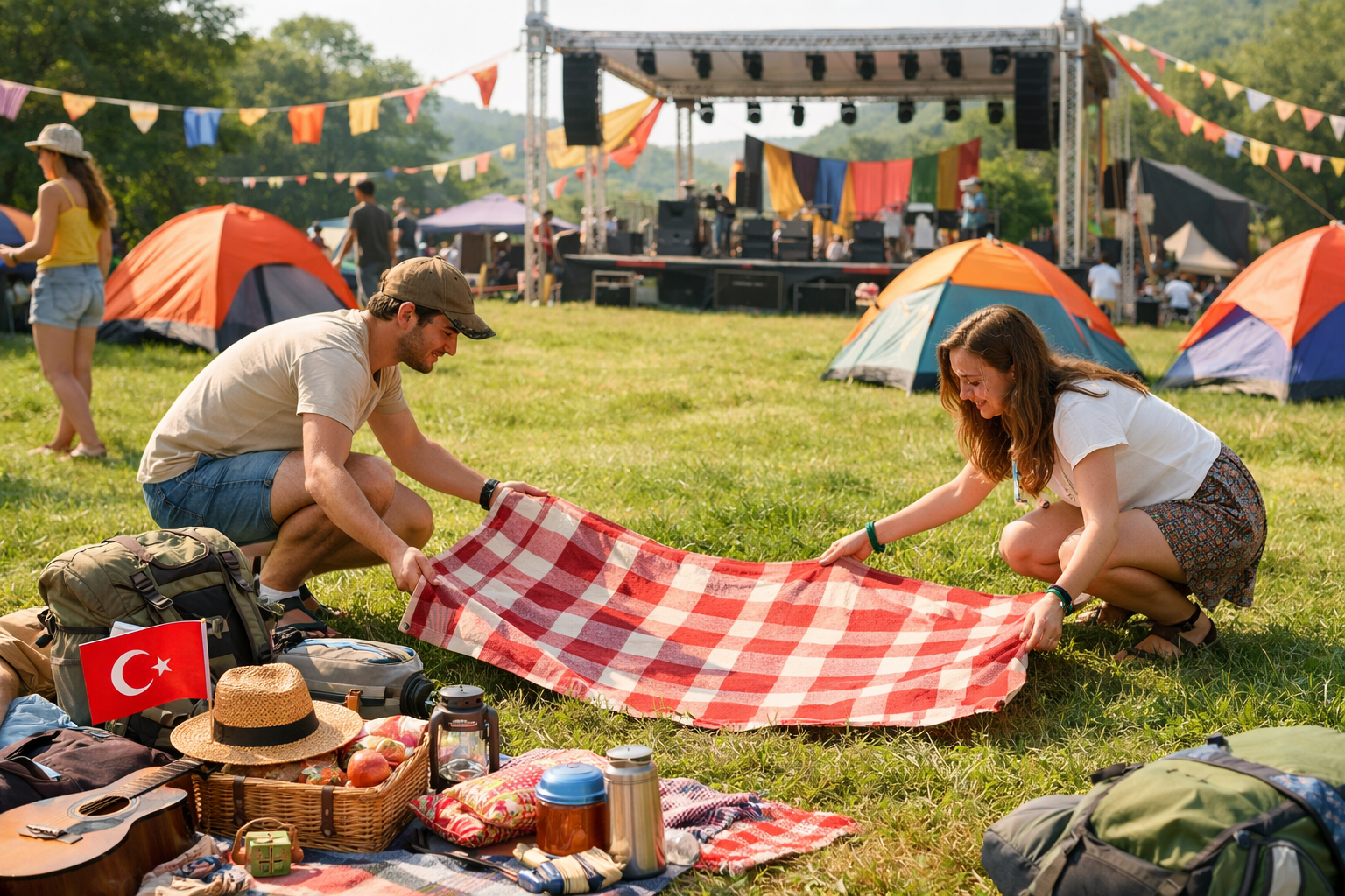 Acik hava festivaline hazirlik yapan katilimcilar